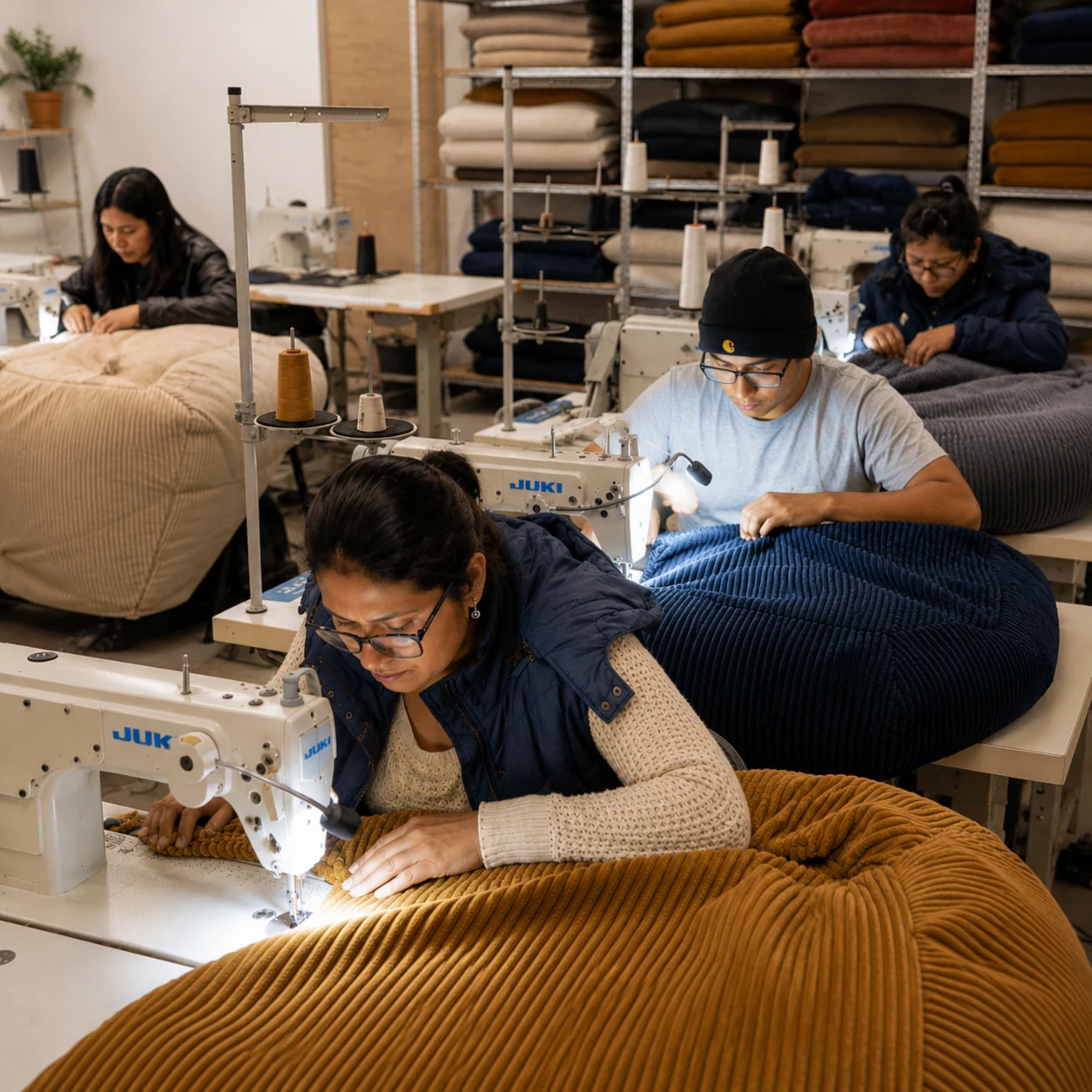 Equipo de SHIRONI cosiendo los puffs IMOOSHI en su taller del Perú