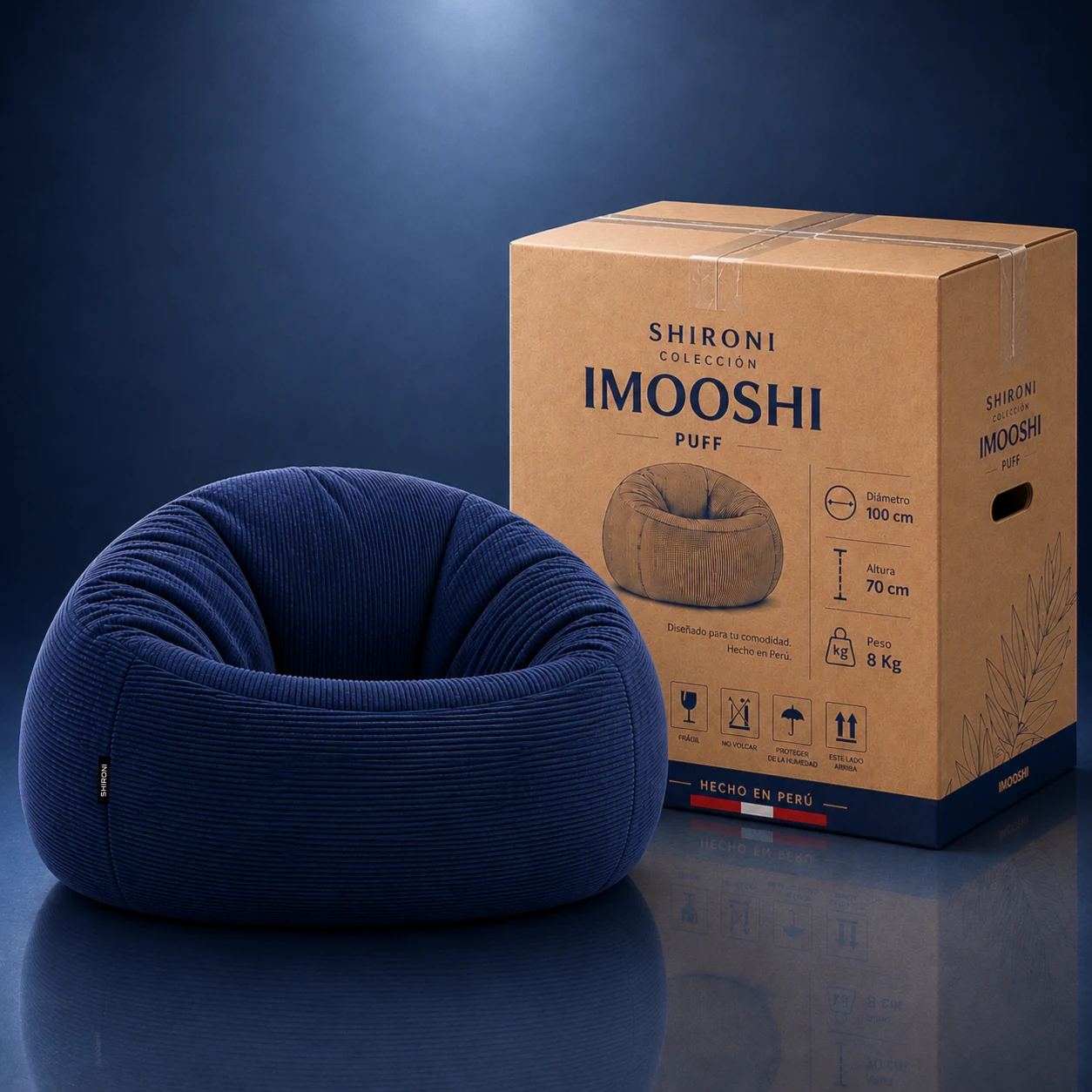 Puff SHIRONI IMOOSHI Azul Oscuro junto a su caja