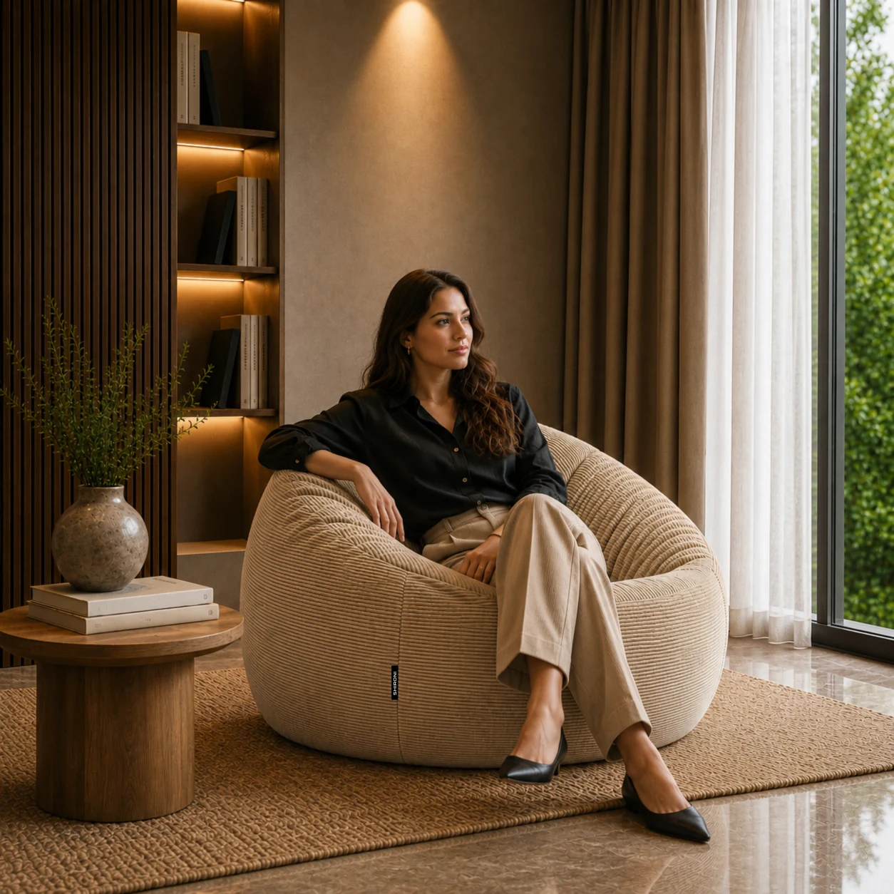 Una persona sentada en el Puff SHIRONI IMOOSHI Beige