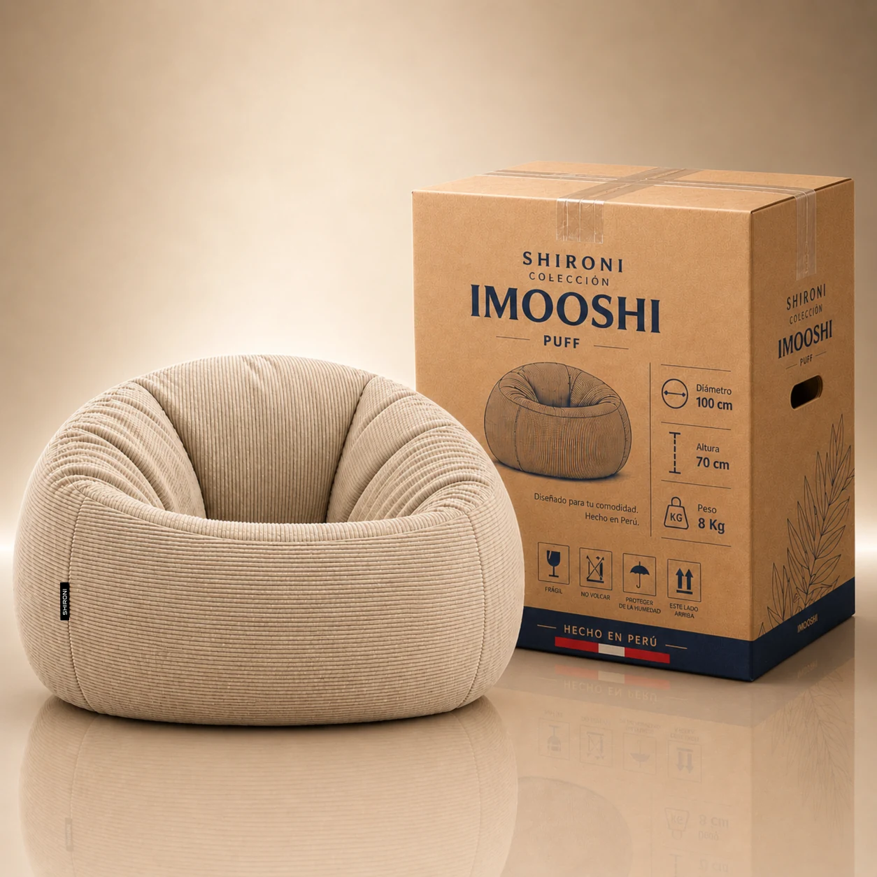 Puff SHIRONI IMOOSHI Beige junto a su caja