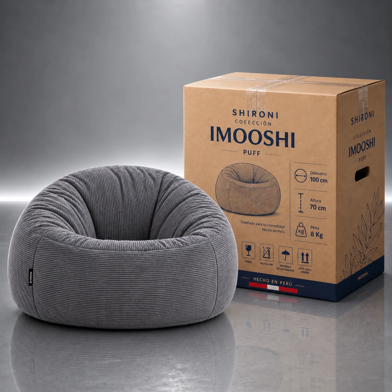Puff SHIRONI IMOOSHI Gris Claro junto a su caja