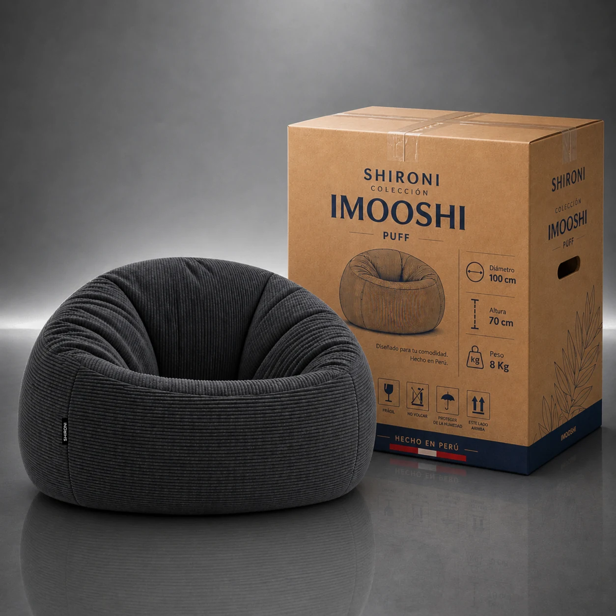 Puff SHIRONI IMOOSHI Gris Oscuro junto a su caja