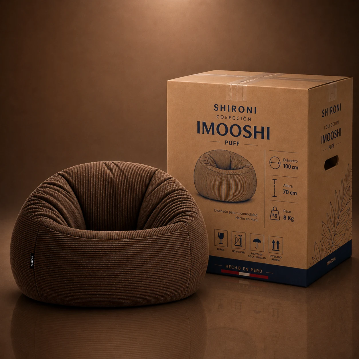 Puff SHIRONI IMOOSHI Marrón junto a su caja