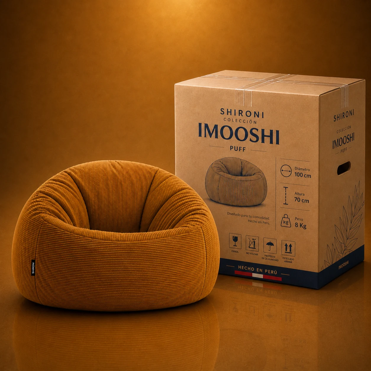 Puff SHIRONI IMOOSHI Mostaza junto a su caja